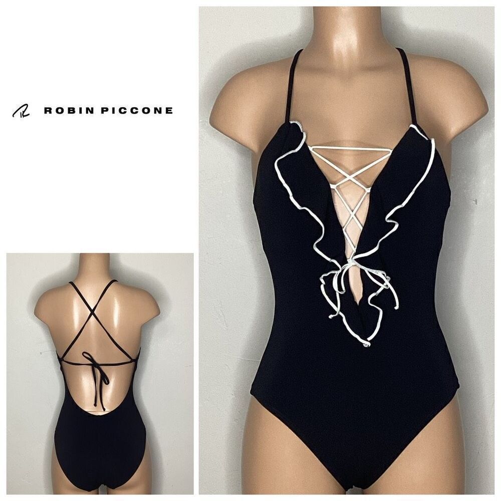New. Robin Piccone lace-up ruffle swimsuit. Size 8. Retails $179